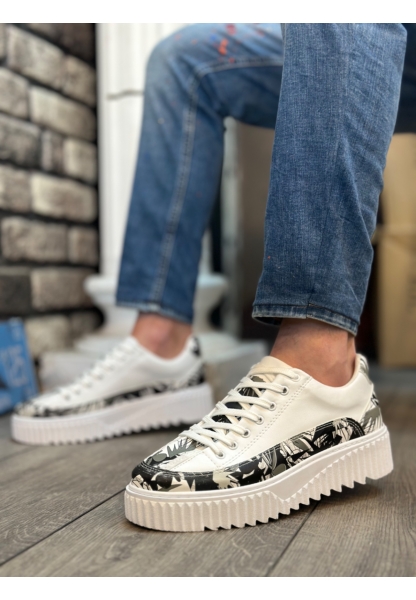 Tugerdi Beyaz Paraşüt Kumaş Siyah Desen Yüksek Hafif Taban Tarz Erkek Spor Ayakkabı TGE230951