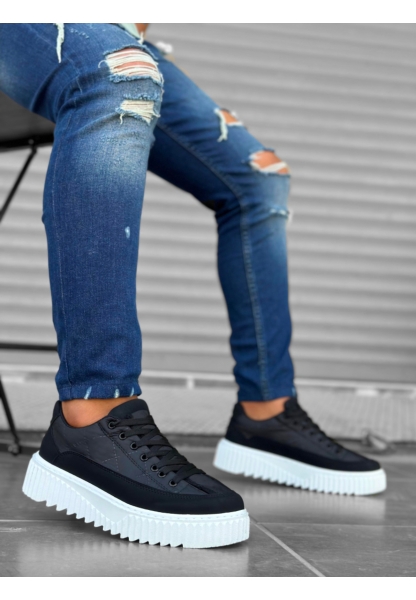 Tugerdi Siyah Paraşüt Kumaş Siyah Detay Yüksek Beyaz Hafif Taban Tarz Erkek Spor Ayakkabı TGE230951