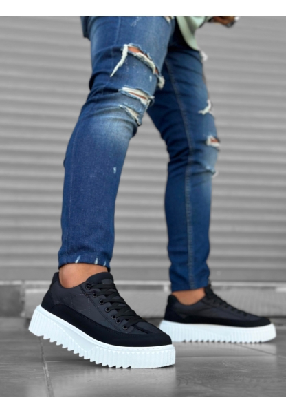 Tugerdi Siyah Paraşüt Kumaş Siyah Detay Yüksek Beyaz Hafif Taban Tarz Erkek Spor Ayakkabı TGE230951