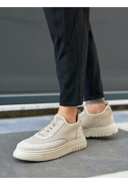 Tugerdi Bej Özel Örme Triko Deri Tozu Detaylı Hafif Taban Erkek Spor Ayakkabı TGE2301061  