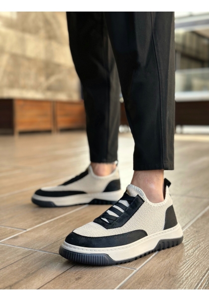 Tugerdi Bej Siyah Özel Örme Triko Deri Tozu Detaylı Hafif Taban Erkek  Spor Ayakkabı TGE2301061 