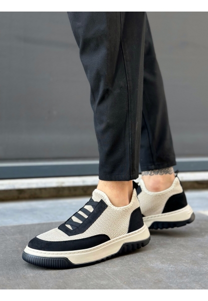 Tugerdi Bej Siyah Özel Örme Triko Deri Tozu Detaylı Hafif Taban Erkek  Spor Ayakkabı TGE2301061 