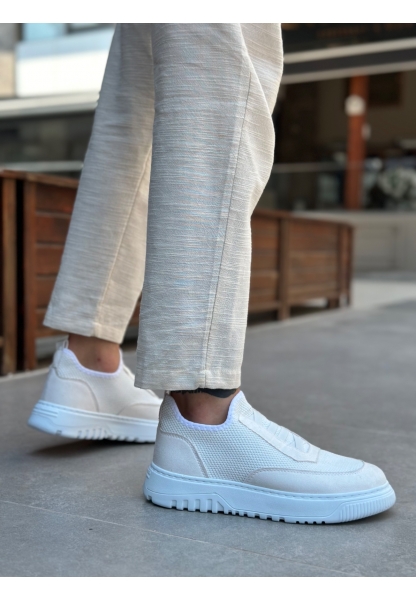 Tugerdi Beyaz Özel Örme Triko Bağcıklı Deri Tozu Detaylı Erkek Günlük Spor Ayakkabı TGE2301061 