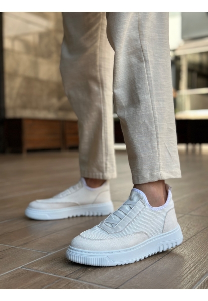 Tugerdi Beyaz Özel Örme Triko Bağcıklı Deri Tozu Detaylı Erkek Günlük Spor Ayakkabı TGE2301061 