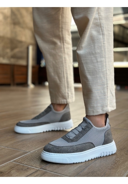 Tugerdi Gri Özel Örme Triko Bağcıklı Deri Tozu Detaylı Erkek Günlük Spor Ayakkabı TGE2301061  