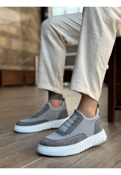 Tugerdi Gri Özel Örme Triko Bağcıklı Deri Tozu Detaylı Erkek Günlük Spor Ayakkabı TGE2301061  
