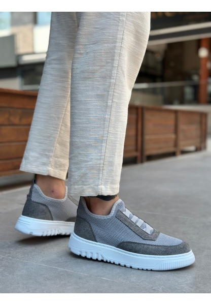 Tugerdi Gri Özel Örme Triko Bağcıklı Deri Tozu Detaylı Erkek Günlük Spor Ayakkabı TGE2301061  
