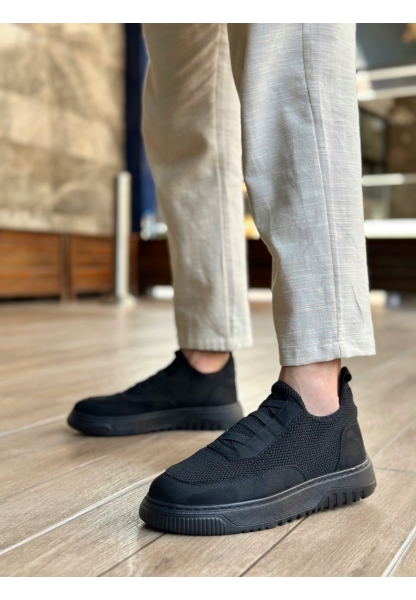 Tugerdi Siyah Özel Örme Triko Bağcıklı Deri Tozu Detaylı Erkek Günlük Spor Ayakkabı TGE2301061  