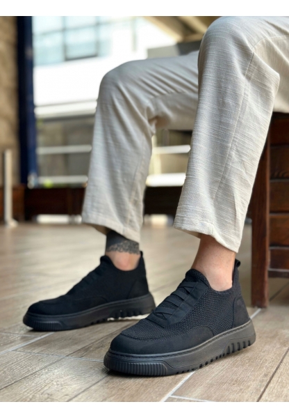 Tugerdi Siyah Özel Örme Triko Bağcıklı Deri Tozu Detaylı Erkek Günlük Spor Ayakkabı TGE2301061  