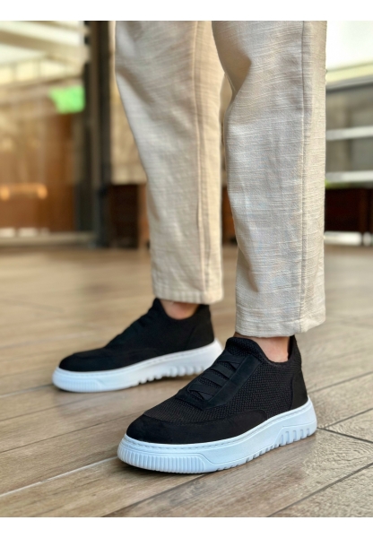 Tugerdi Siyah Özel Örme Triko Bağcıklı Deri Tozu Detaylı Günlük Erkek Spor Ayakkabı TGE2301061 