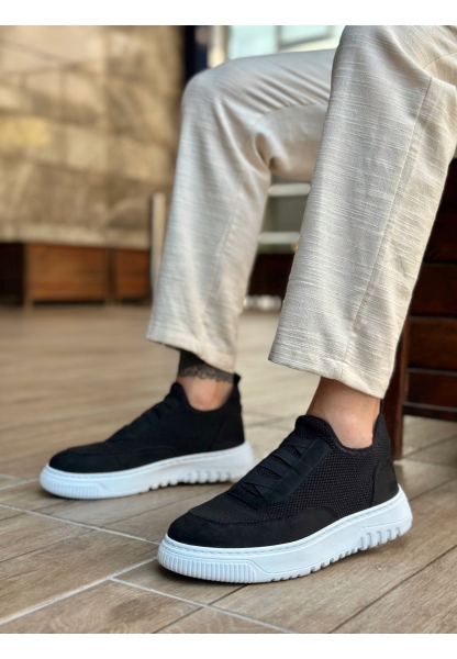 Tugerdi Siyah Özel Örme Triko Bağcıklı Deri Tozu Detaylı Günlük Erkek Spor Ayakkabı TGE2301061 