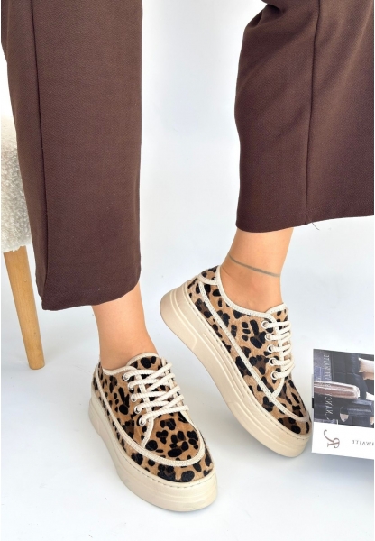 Tugerdi Leopar Süet Ortopedik Topuk Dikenine Karşı Üretim Bağcıklı Kadın Spor Ayakkabı TGY2398112623