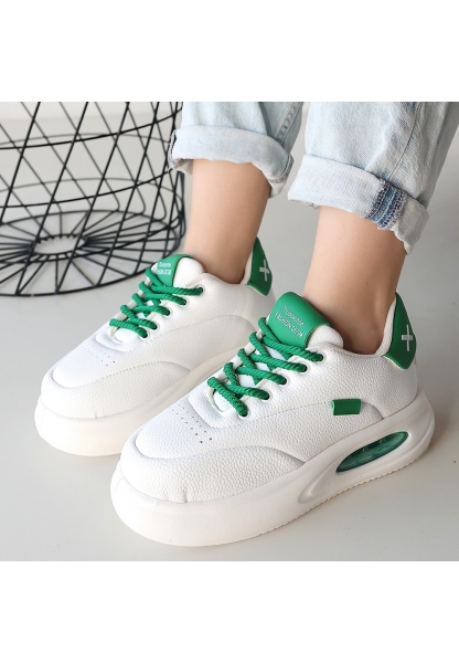 TGE Shoes Chris Beyaz Cilt Yeşil Detaylı Bağcıklı Spor Ayakkabı