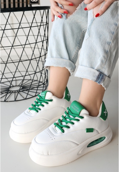 TGE Shoes Chris Beyaz Cilt Yeşil Detaylı Bağcıklı Spor Ayakkabı