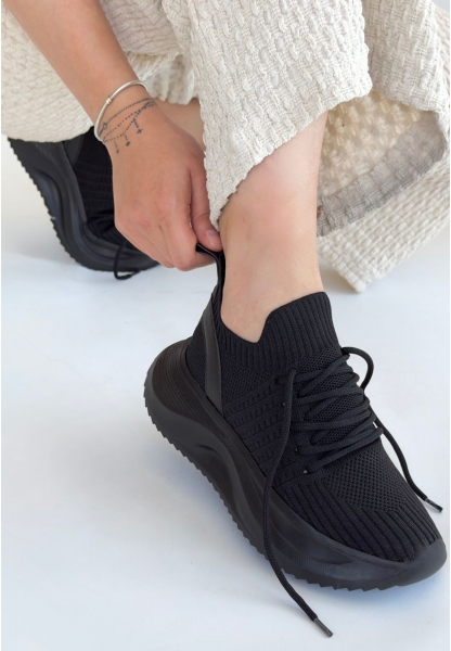 TGE Shoes Jindy Siyah Triko Bağcıklı Spor  Ayakkabı