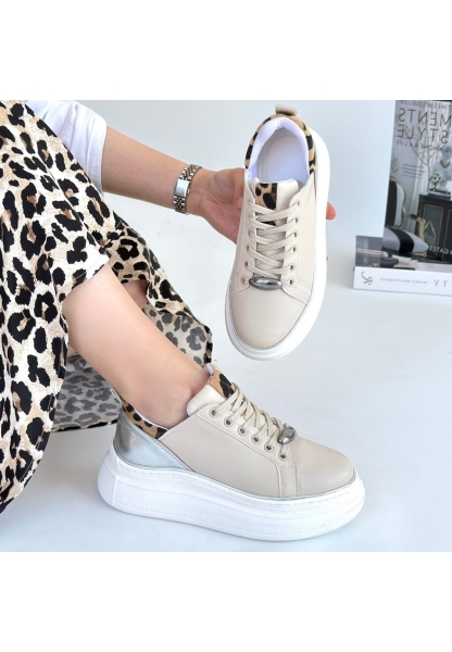 Tugerdi Bej-Gümüş Ortopedik Topuk Dikenine Karşı Üretim Leopar Detay Kadın Spor Ayakkabı TGY2398112632