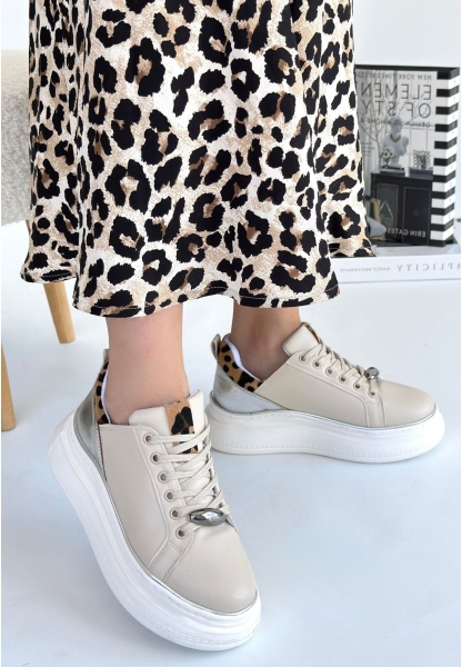 Tugerdi Bej-Gümüş Ortopedik Topuk Dikenine Karşı Üretim Leopar Detay Kadın Spor Ayakkabı TGY2398112632
