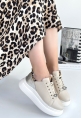 Tugerdi Bej-Gümüş Ortopedik Topuk Dikenine Karşı Üretim Leopar Detay Kadın Spor Ayakkabı TGY2398112632