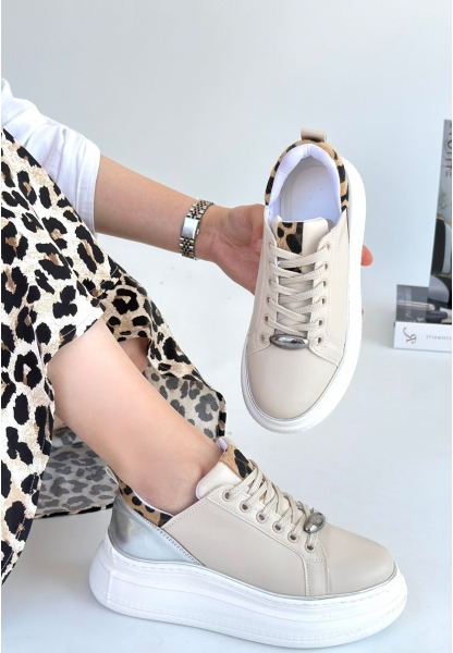 Tugerdi Bej-Gümüş Ortopedik Topuk Dikenine Karşı Üretim Leopar Detay Kadın Spor Ayakkabı TGY2398112632