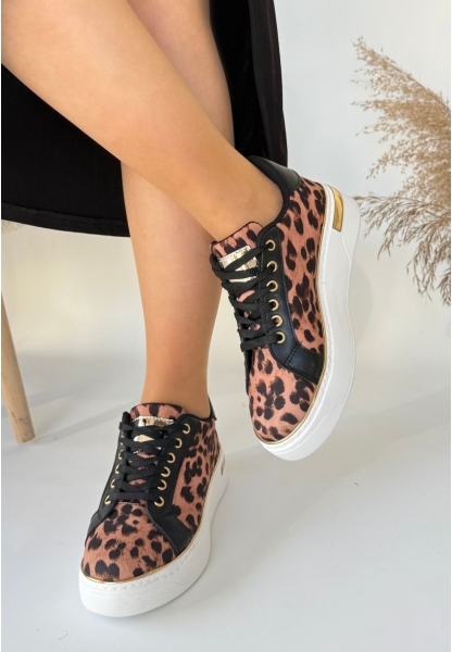 Tugerdi Leopar Saten Bağcıklı Hafif Taban Dolgu Topuk Kadın Spor Ayakkabı TGY239811259