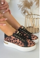 Tugerdi Leopar Saten Bağcıklı Hafif Taban Dolgu Topuk Kadın Spor Ayakkabı TGY239811259