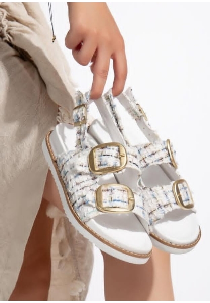 TGE Shoes Olira Beyaz Simli Kemerli Sandalet