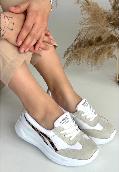 Tugerdi Beyaz Leopar Detaylı Dolgu Topuk Bağcıklı Hafif Taban Kadın Spor Ayakkabı TGY2398112615